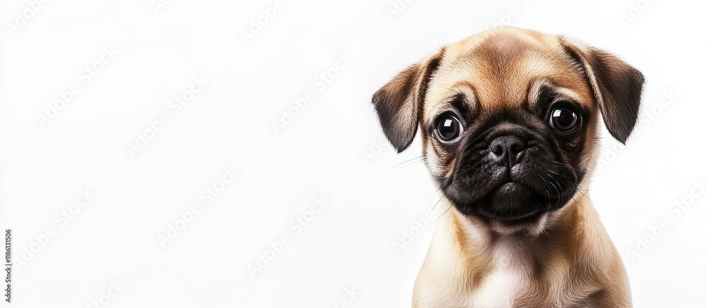 Aufkleber Pug puppy alone on a white background The idea of joyful dogs With room for text. with copy space image. Place for adding text or design
