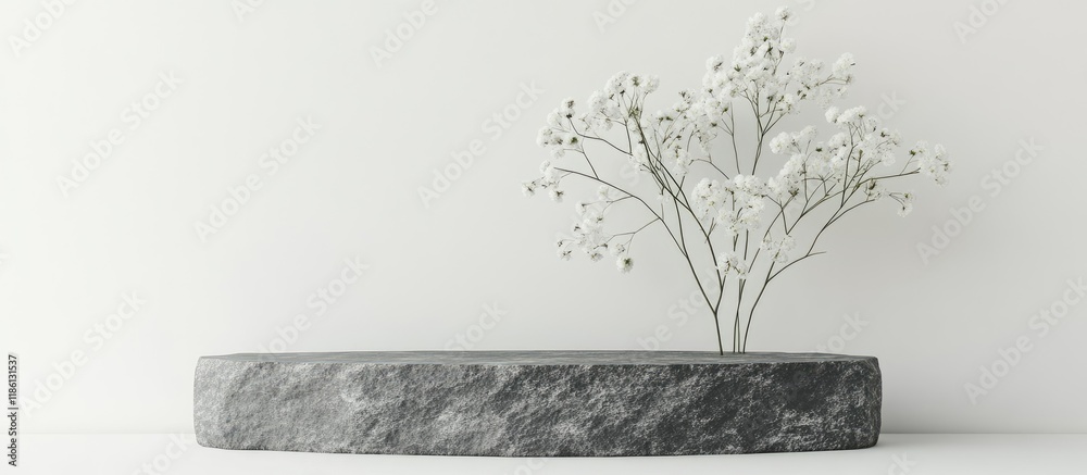 Aufkleber mock up display shelf featuring a gray stone pedestal scene with gypsophila flower on a white backgr