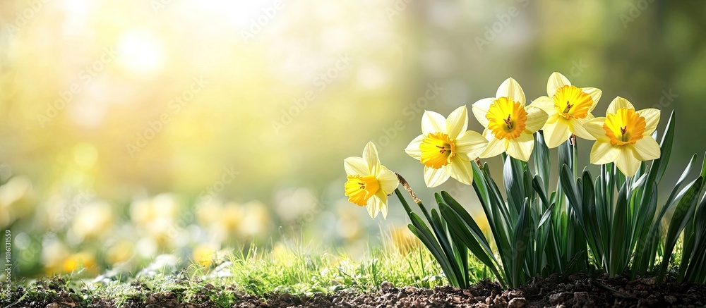 Poster Sprouted spring flowers daffodils in an early spring garden selective focus copyspace