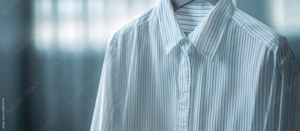 Poster closeup of a long sleeved white striped shirt hanging. with copy space image. place for adding text 