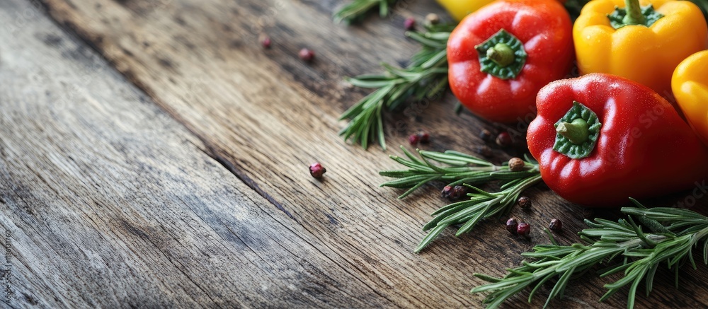 Aufkleber bell peppers and rosemary on a wooden surface repeated image vegetarian cuisine and dietary nutritio