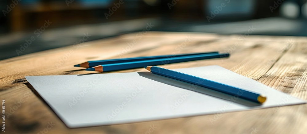 Poster Pencils and a piece of paper on the oak table. with copy space image. Place for adding text or design