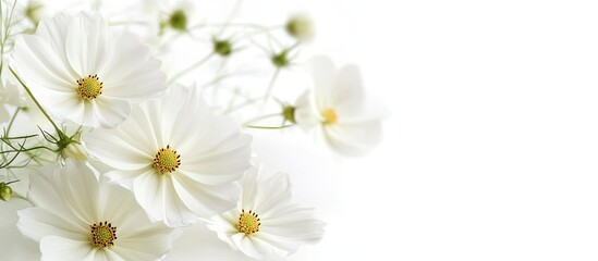 Studio shot of white cosmos flowers set against a white background Large depth of field DOF Macro. with copy space image. Place for adding text or design