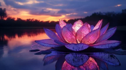 Tableau sur plexiglas Salle de bain A surreal vision of a luminous pink lotus flower, its ethereal glow illuminating the serene waters amidst a breathtaking mountain backdrop  © Zohaibzahid 