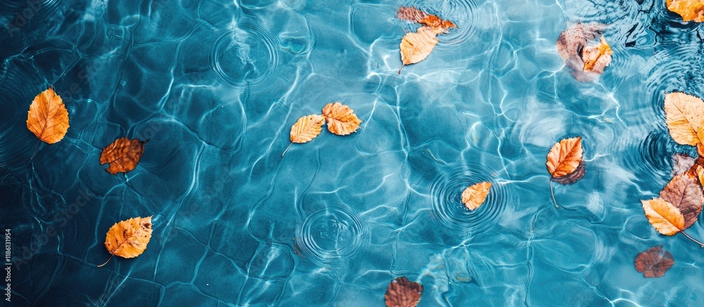 Poster Top view of a blue swimming pool surface with reflections on the blue water swirl pattern texture and blue tiles Leaves in the murky water swimming pool is open Background backdrop with copyspace