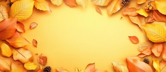 Yellow autumn background featuring a frame for copy space surrounded by autumn leaves and decorative potpourri husks art design
