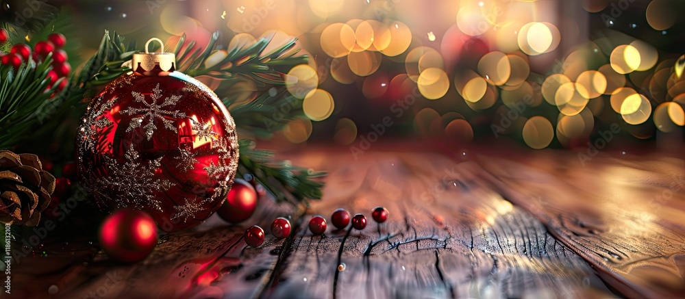 Leinwandbilder Christmas Ornamentation on a Wooden Surface. with copy space image. Place for adding text or design