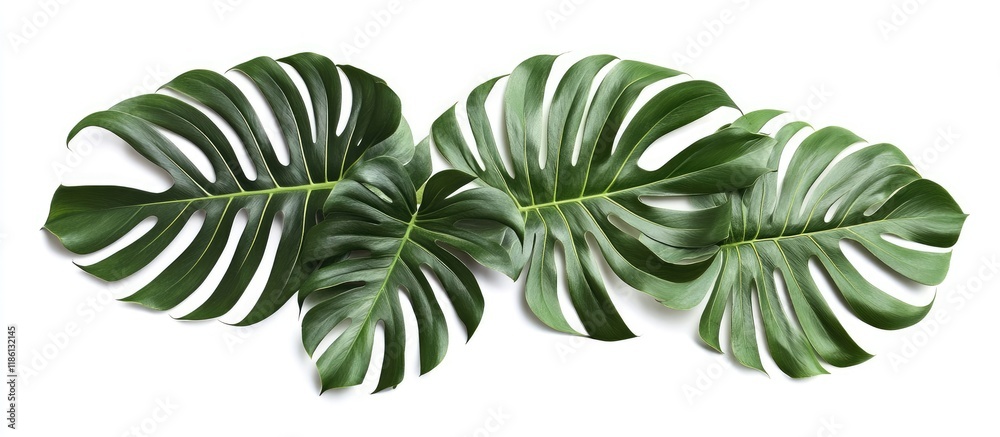 Poster top view of a branch of tropical palm leaves and a swiss cheese plant set against a white background