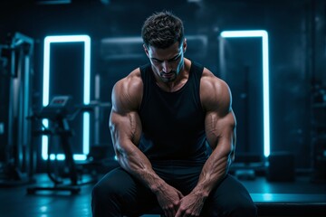 A muscular man in a gym setting, sitting on a bench, wearing a dark tank top, with neon lights illuminating the background. Concept of strength, fitness. Ai generative