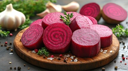 Freshly Sliced Raw Beetroot with Garlic and Balsamic Vinegar on a Wooden Board Surrounded by Spices and Herbs for Healthy Cooking
