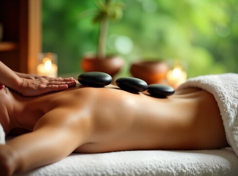 Woman receives hot stone therapy massage in spa. Hands of masseuse apply pressure to back. Relaxing ambiance with natural light. Wellness concept. Natural treatment. Healthy lifestyle. Well-being.