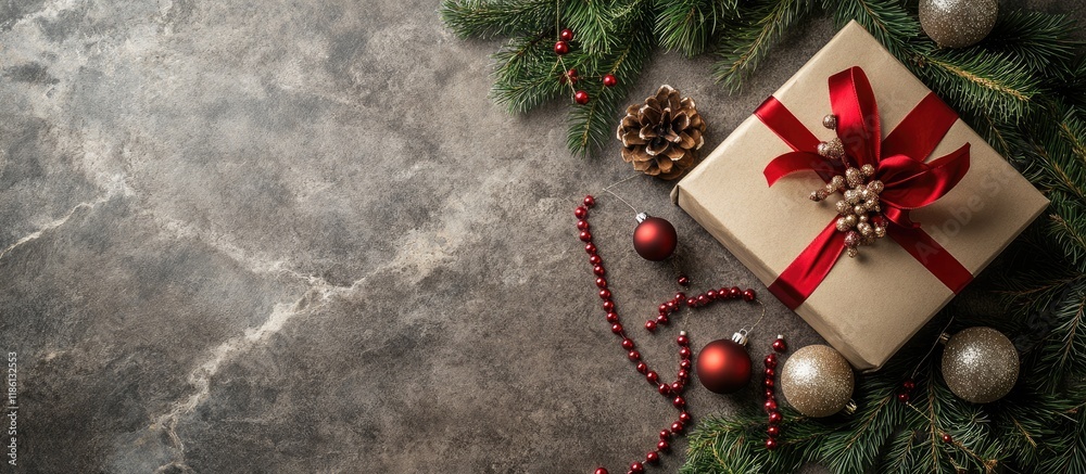 Fototapete flat lay perspective of christmas decorations featuring a gift box fir branch ribbon beads and glass