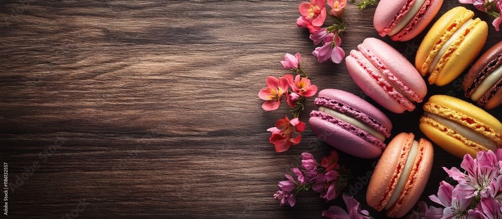Poster colorful macaroons and flowers on a wooden table sweet macarons top view with copyspace for your tex