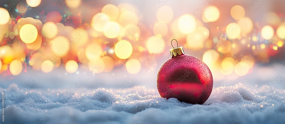 Poster christmas decoration featuring a red ball in the snow against a blurred backdrop with vibrant holida