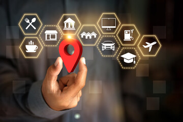 A glowing location pin surrounded by search locations.