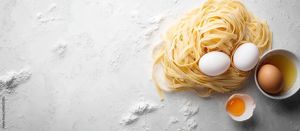 Poster pasta eggs rolling on a white concrete surface the cooking process ingredients and kitchen cutlery t
