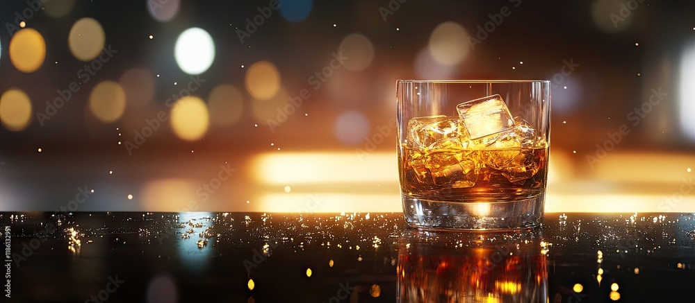 Aufkleber A whisky glass with ice on a shiny bar surface. with copy space image. Place for adding text or design