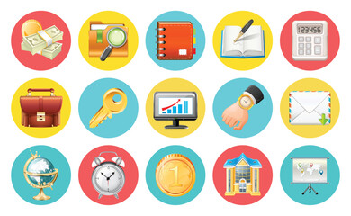 Business and financial icons set. Colored office and banking concept. Vector illustration.
