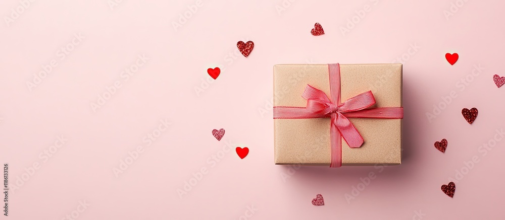 Aufkleber rustic style gift box with valentine s confetti hearts surrounding it on a pink background copy spac
