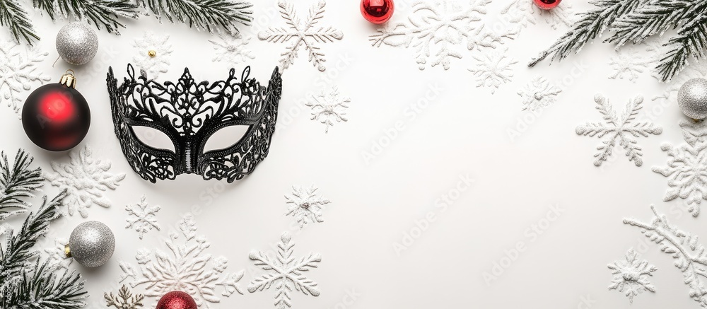 Poster black lace carnival mask for women decorative baubles snowflakes on a white background merry christm