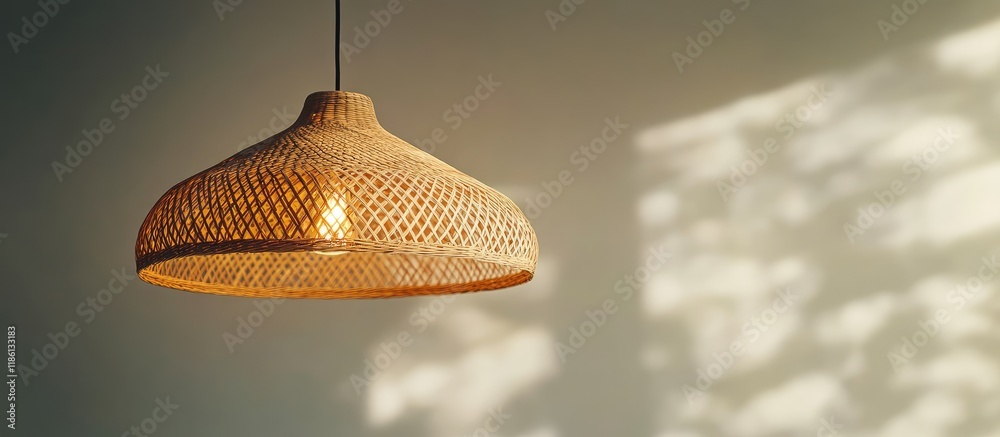 Poster wicker lamp crafted from natural materials suspended from the ceiling copy space