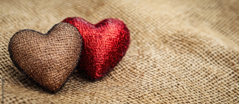 Aufkleber two ornamental hearts on a burlap backdrop concept for a valentine s day card. with copy space image