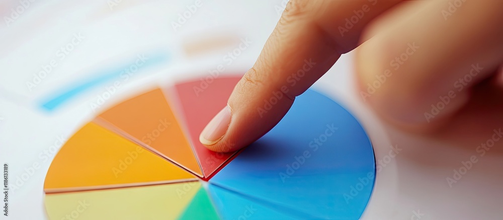 Aufkleber close up of a hand pressing a finger against a pie chart. with copy space image. place for adding te