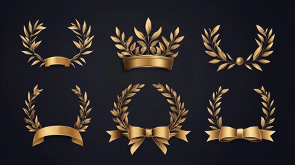 Golden Laurel wreath icon set. Award ceremony symbols, victory concept icons