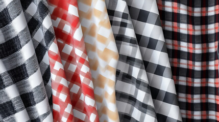 Obraz premium Folded napkins, kitchen towels or tablecloths in top and angle view. Vector realistic set of 3d fabric table clothes with gingham, plaid, striped and tartan pattern