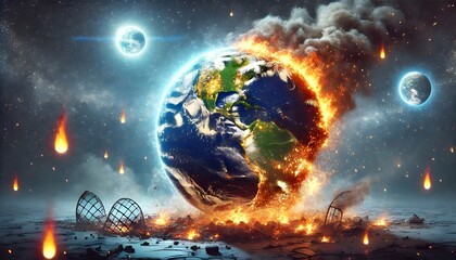 Earth globe collapse, burning, destroyed by fire. Conceptual illustration of global warming, caused by the excesses of the world of finance and industry