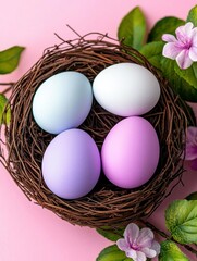 Obraz premium A photostock of pastel Easter eggs in a rustic nest with soft spring flowers and greenery, symbolizing renewal and celebration. High Quality