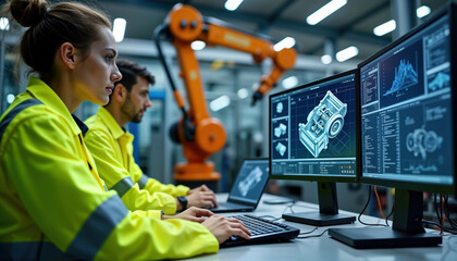 Female, male engineers work at modern factory. Use computers, laptops to design 3D engine, program robotic arm. Innovation, tech development central to work environment. Setting high-tech facility.