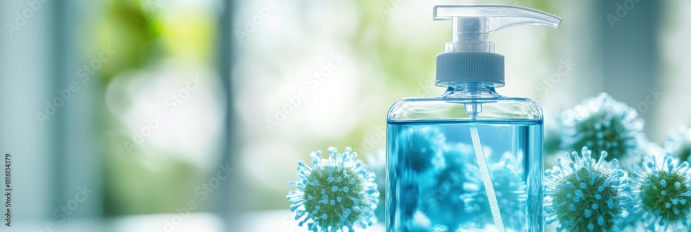 Aufkleber Sanitizer droplets effectively eliminating bacteria in a clean indoor environment with natural light. Generative AI