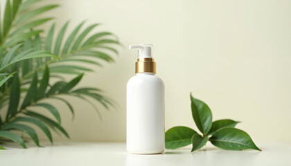 Blank plastic cosmetics container for cream or shampoo. Cosmetics bottle mockup with tropical leaves. Beauty product design, skincare and haircare concept. 