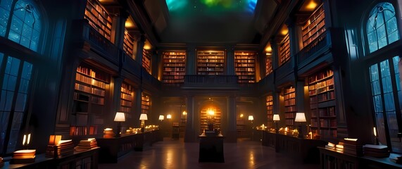 A captivating scene depicting a magical library filled with floating books and vibrant colors