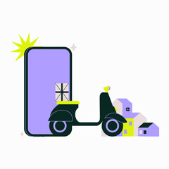 Scooter And Phone With Delivery Package In Flat Vector Illustration Symbolizing Delivery Services, E Commerce, And Modern Logistics, Isolated On White Background