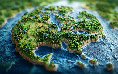 Lush island, aerial view, ocean waves, forest, environmental