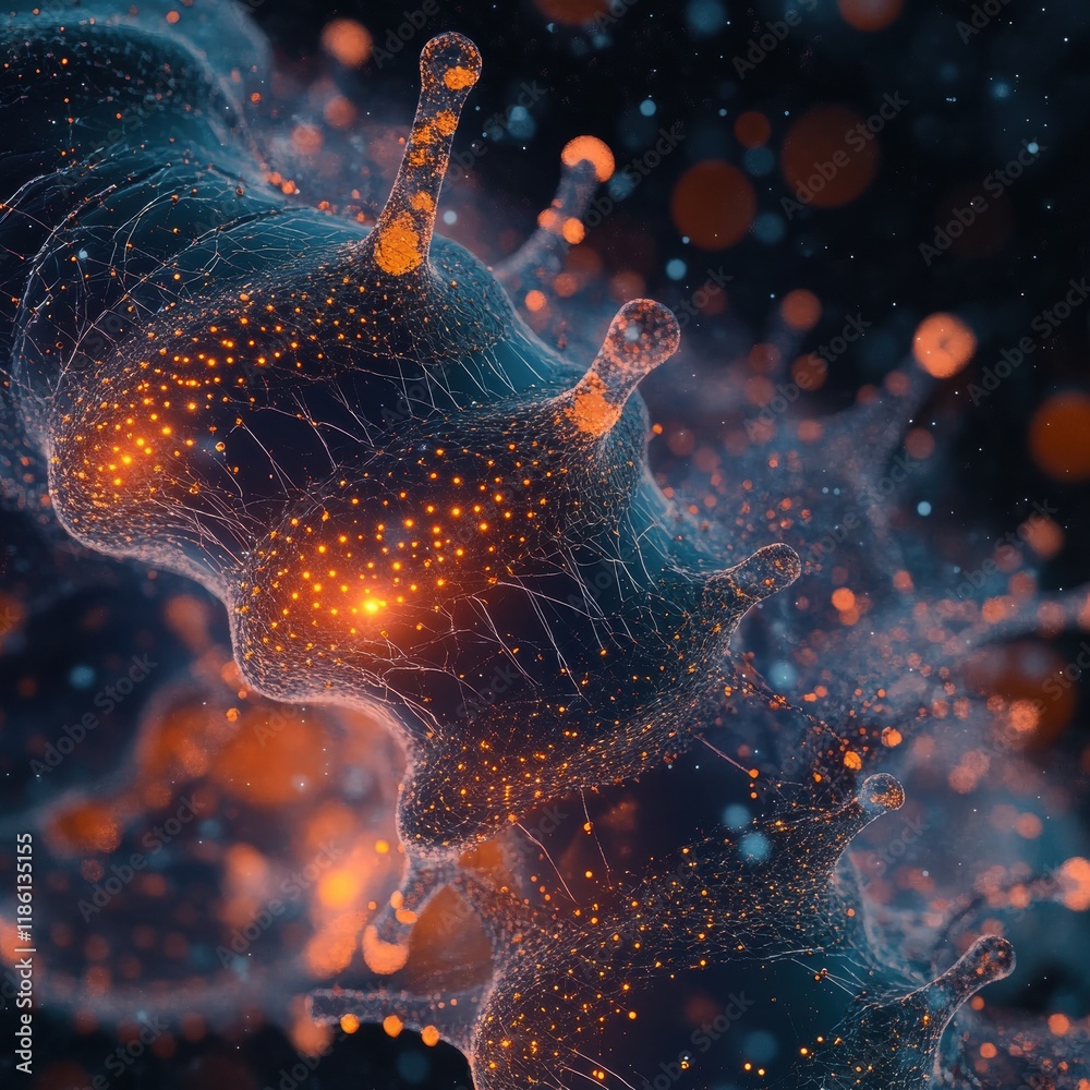 Leinwandbilder Detailed 3D visualization showcases complex virus structure with capsid and glowing RNA strands in an intricate design. Generative AI