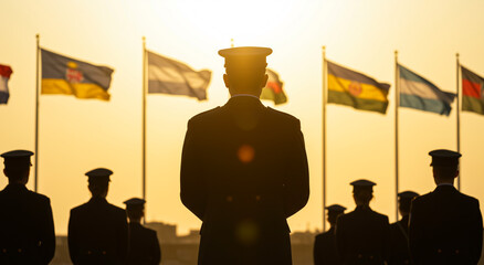 Soldiers, flags and military in outdoors at sunset, for army, patriotism and memorial day event. Men, group and silhouette at honor ceremony, veteran celebration or respect in base