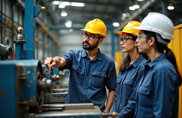 Asian male foreman guides two female trainee engineers in factory. Shows factory machine details. Training session in industrial manufacturing business. Teamwork, safety procedures important.
