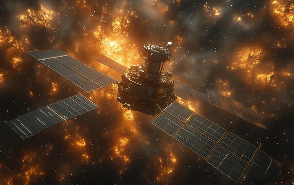 Satellite engulfed in fiery cosmic debris.
