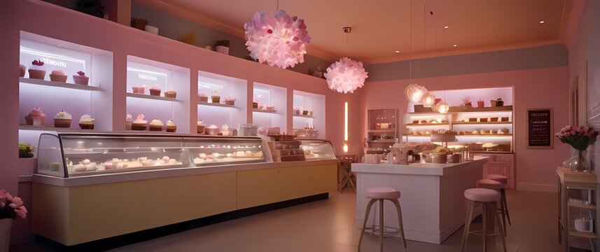 A casual cupcake shop highlighting playful pastel designs and fresh floral accents within a warm setting