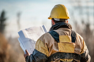 Construction worker reviewing blueprints outdoors during daytime