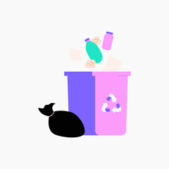 Recycling bin with overflowing trash symbolizing waste management, environmental protection, and recycling efforts, flat vector illustration for eco friendly themes and waste reduction