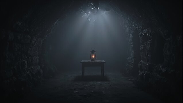 Eerie underground cavern with swirling fog old lantern on wooden table rough stone walls