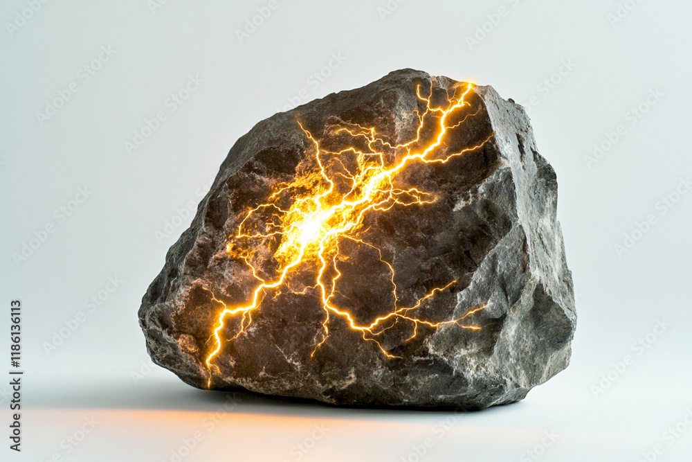 Poster rock with glowing lightning cracks on a plain background