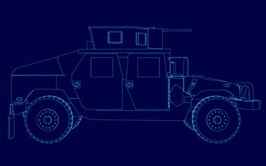 Blue drawing of a military vehicle. The vehicle is a Humvee and is shown in a blue style. Scene is serious and focused on the vehicle's design and features