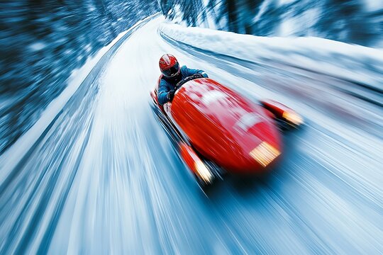 A bobsled racing down an icy track, the sled a blur as it navigates sharp turns