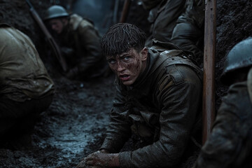 Soldier in trench displays determination during battle