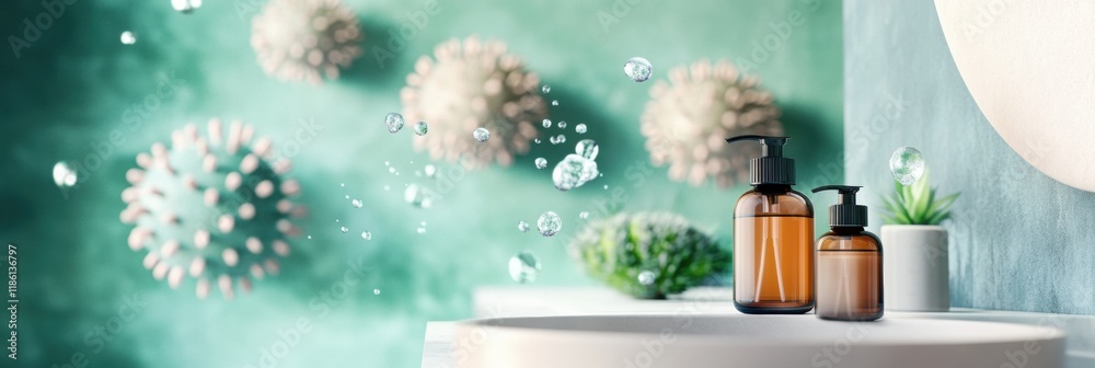 Poster droplets of sanitizer actively eliminating bacteria in a modern bathroom setting. generative ai